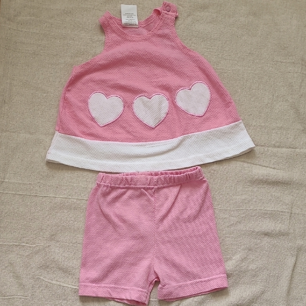 Vintage Pink With White Hearts Sleeveless Top and Shorts Set, 18 Months